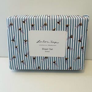 London Kaye Mini Stripe Cafe Espresso Martini Glasses Bows Queen Size Sheet Set